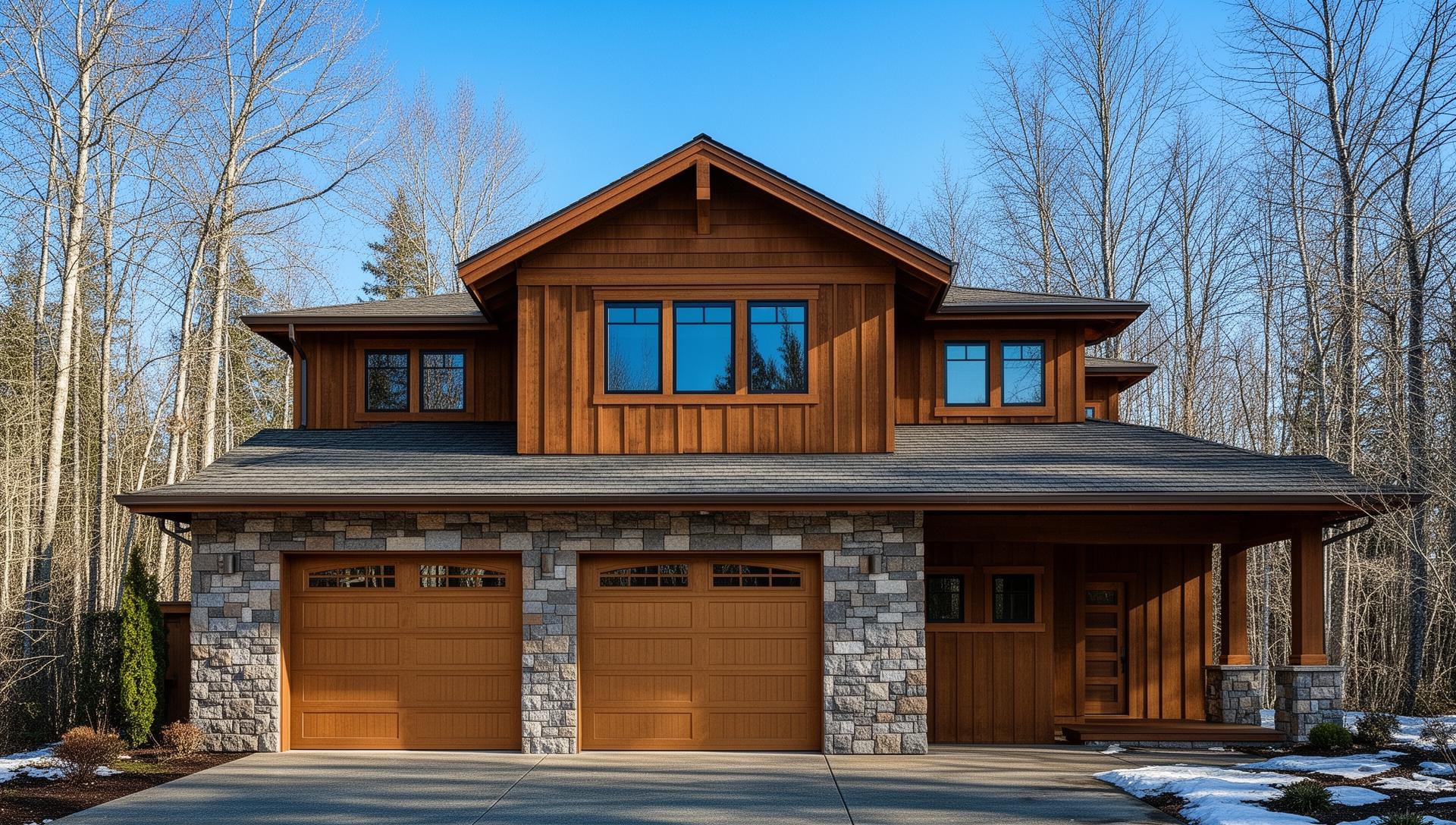 Professional garage door installation on a modern home in North Stonington CT - steel sectional door with decorative hardware